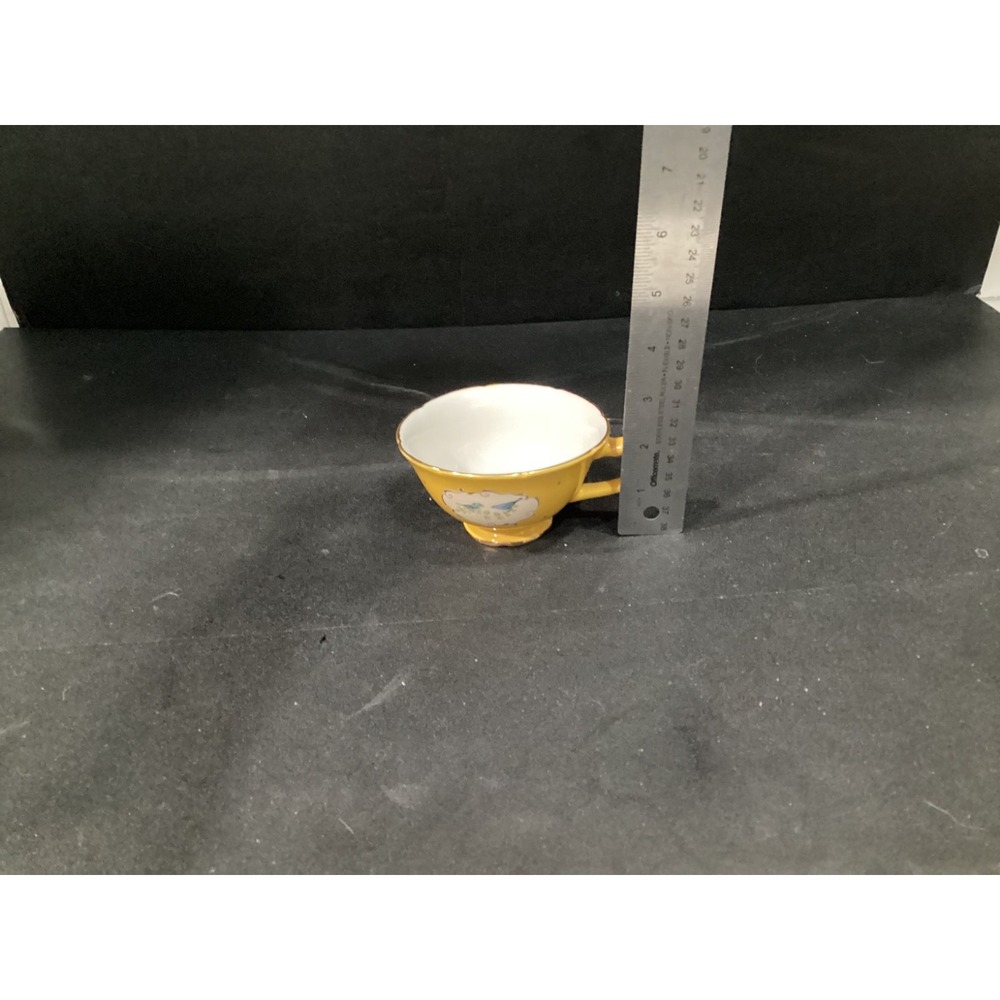 Anthropologie Yellow Blue Bird Set of 2 Teacups Saucers Gold Trim Polka Dot